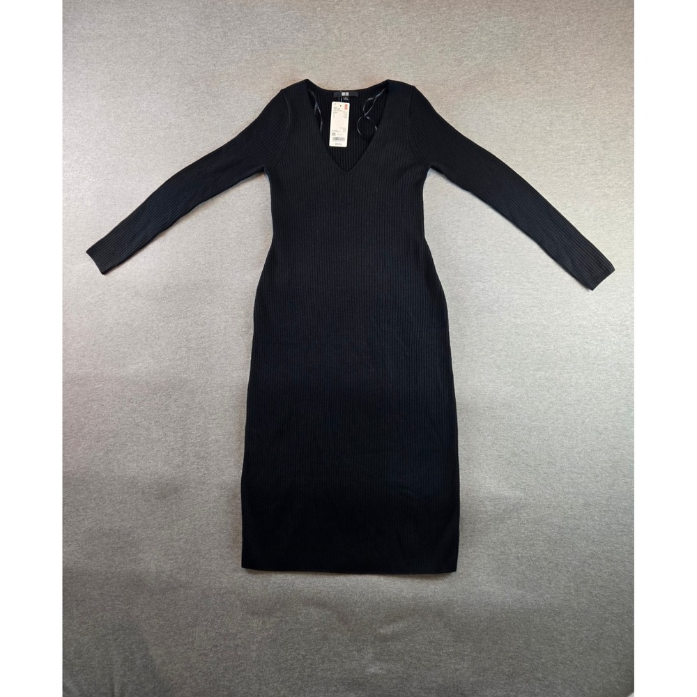 NWT Uniqlo Dress XS Black Merino Blend V Neck Fitted Long Sleeve Ribbed Minimal